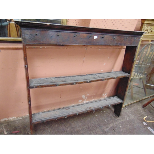 384 - Small antique oak dresser rack, having ogive cornice above two shelves. 47 x 51 x 8