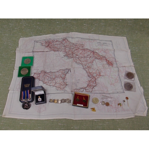 421 - An escape map of Italy, national service medal, enamel badges, and a small collection of coins.