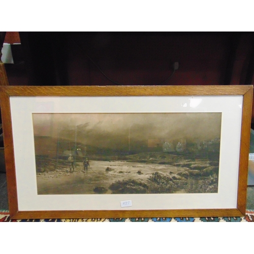 427 - An oak framed and glazed black and white print, fishermen.