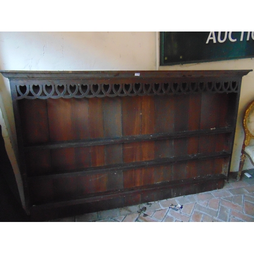 449 - Antique oak dresser rack, having pierced heart shaped frieze.