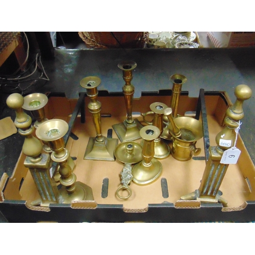 6 - Pair of reproduction brass andirons, candle sticks, pestle and mortar, etc.