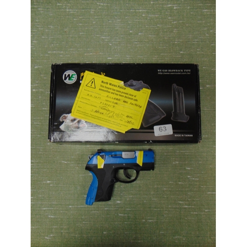 63 - Boxed WE Bulldog gas powered air soft hand gun. Please note: Purchasers must be over 18 and photogra... 