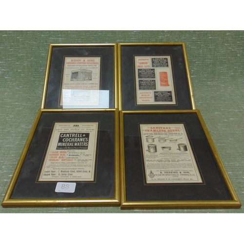 88 - Set of four framed and glazed antique adverts.