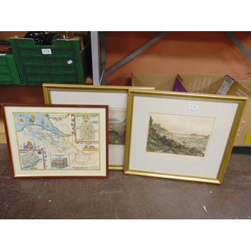 319 - Two framed and glazed hand coloured engravings, Llandudno and a reproduction map of Flintshire.