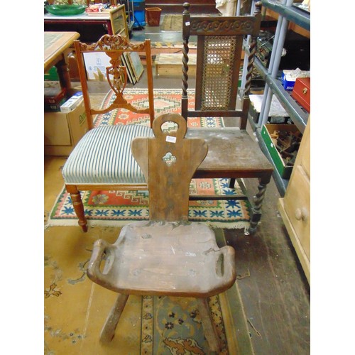 347 - Cane back hall chair, one other and a rustic country type chair. (3)