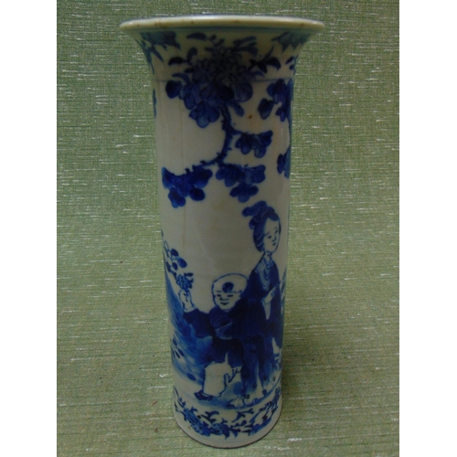 109 - Oriental blue and white cylinder vase, decorated with traditional figures, and character marks to ba... 