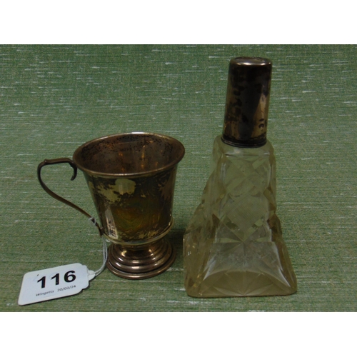 116 - Birmingham silver christening mug and a silver mounted scent bottle. (2)