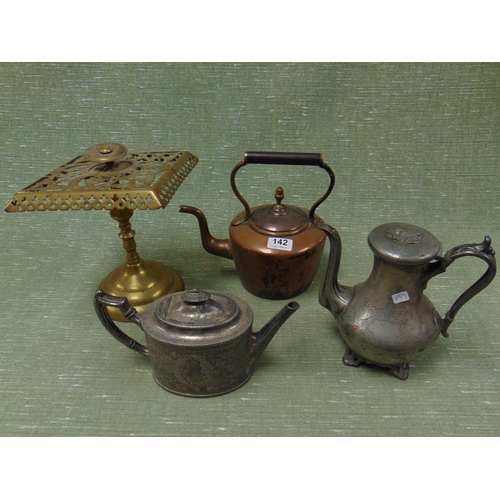 142 - Antique copper kettle, plated tea pot, brass kettle stand, etc.