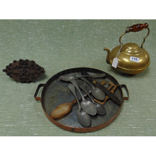 149 - Brass kettle, printer's block, copper two handled lid, cutlery, etc.