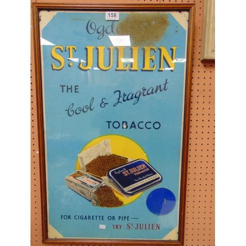 158 - Framed and glazed cardboard advertising sign, Ogden's St Julien tobacco and a reproduction enamel si... 