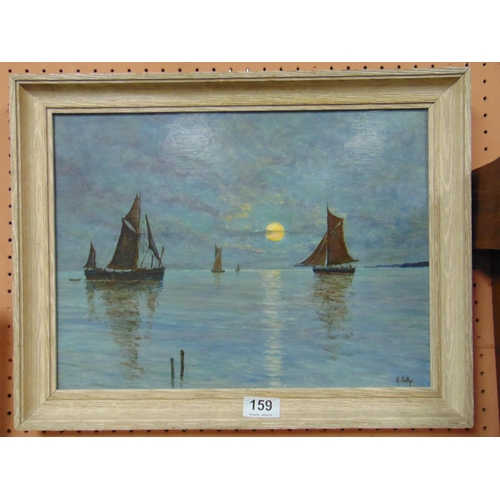 159 - R.Jolly, framed oil on board, moonlight sailing vessel, signed lower right, 11 x 15.5