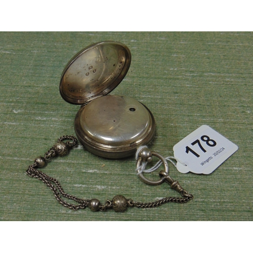 178 - Silver cased pocket watch, having Roman numerals.