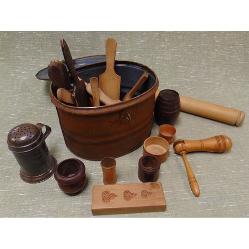 234 - Small oval hat box, containing a collection of vintage kitchenalia.