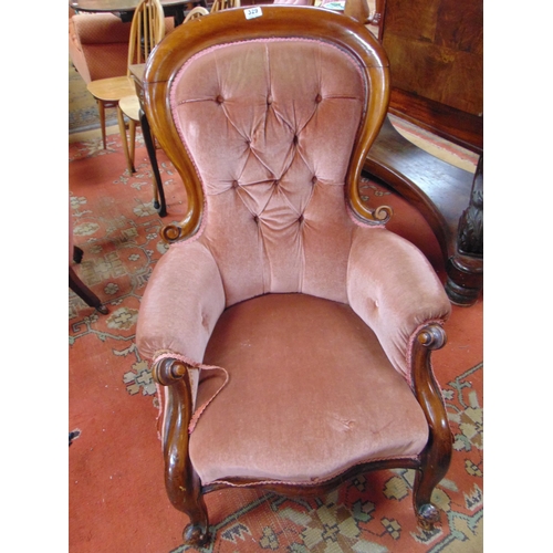 329 - 19th century mahogany framed ladies chair, button back, all over upholstery and on frontal cabriole ... 