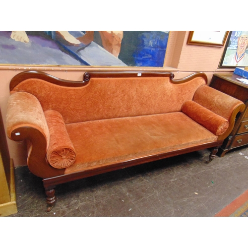 371 - Late 19th century mahogany framed settee, set on short turned supports and castors. 84