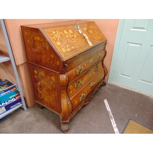 388 - Dutch marquetry inlaid bombe shaped bureau, profussley decorated all over, having a fall front revea... 