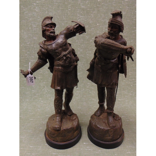 397 - Pair of spelter figures, modelled as classical warriors, each 19