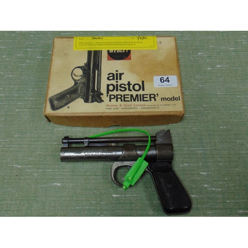 64 - Boxed Webley premier air pistol. Please note: Purchasers must be over 18 and photographic ID must be... 