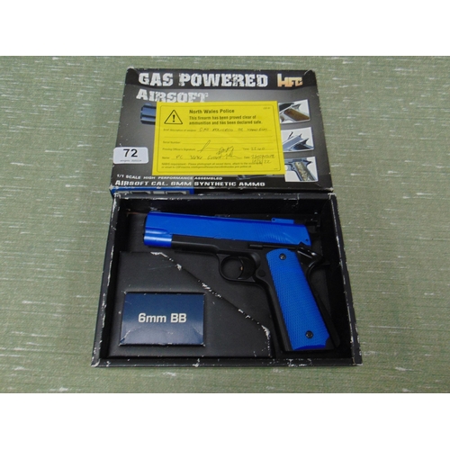 72 - Boxed 6m gas powered hand gun. Please note: Purchasers must be over 18 and photographic ID must be p... 