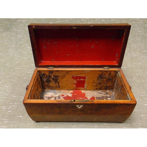 8 - Antique sarcophagus form inlaid mahogany tea caddy, lift up top, brass side handles and on bun feet.... 