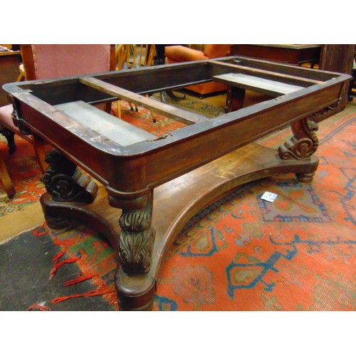 340 - Antique mahogany centre table, the rectangular top having rounded corners , set on shaped acanthus l... 