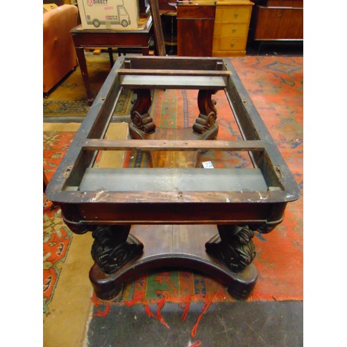 340 - Antique mahogany centre table, the rectangular top having rounded corners , set on shaped acanthus l... 