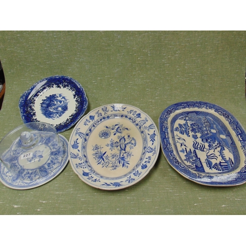 189 - 19th century willow pattern meat plate, one other, glass cheese cover, etc.