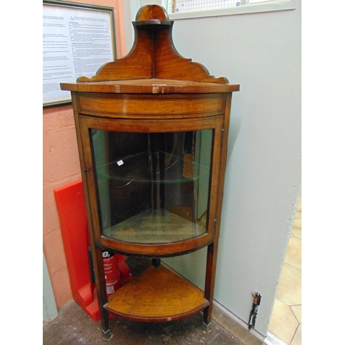 351 - 19th century inlaid mahogany corner display cabinet, raised back over single glazed bow fronted door... 