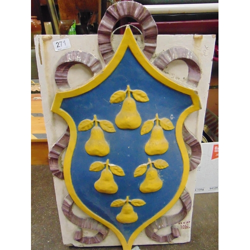 461 - Painted rectangular armorial wall plaque, of shield form, 26 x16