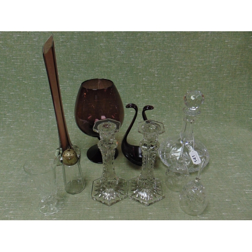 141 - Edinburgh crystal decanter, pair of glass candlesticks, purple glass vase, etc.