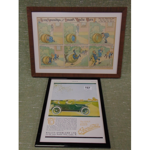 157 - Framed and glazed Overland motor car advertisement and a framed and glazed cartoon, Foxy Grandpa and... 