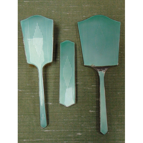 16 - Art Deco green enamel backed three piece dressing table set, maker Hasset & Harper Ltd , Birmingham ... 