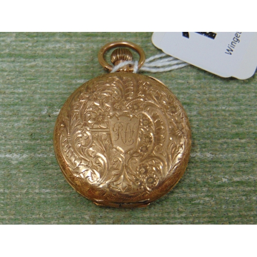 166 - Possibly gold cased fob watch, having engraved decoration.