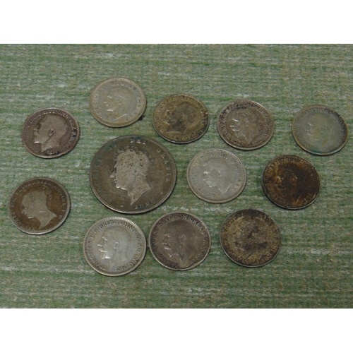 182 - Silver coins, to include 1826 shilling, 1854 Groat and 10 Silver Threepences.