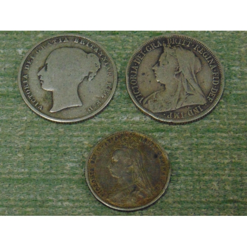 183 - Two Victorian silver shillings and a sixpence, including an 1840 shilling example.