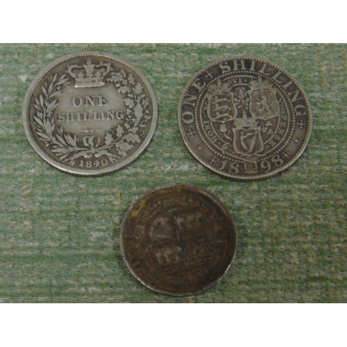 183 - Two Victorian silver shillings and a sixpence, including an 1840 shilling example.