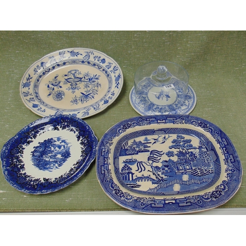 189 - 19th century willow pattern meat plate, one other, glass cheese cover, etc.