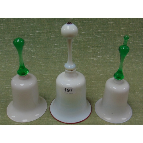 197 - Three Victorian opaque glass bells, two having green coloured handles.