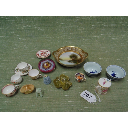 207 - Royal Crown Derby miniature tyg, pair of blue and white tea bowls, coloured glass paperweight, etc.