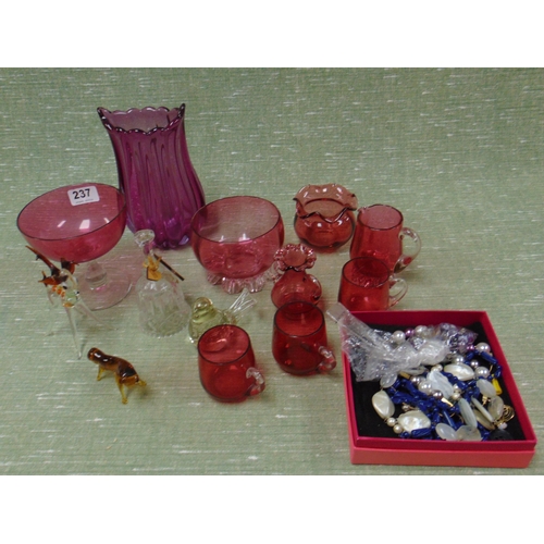 237 - Tray of cranberry glass, etc.