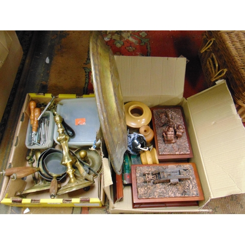 245 - Two boxes of various brassware, etc.