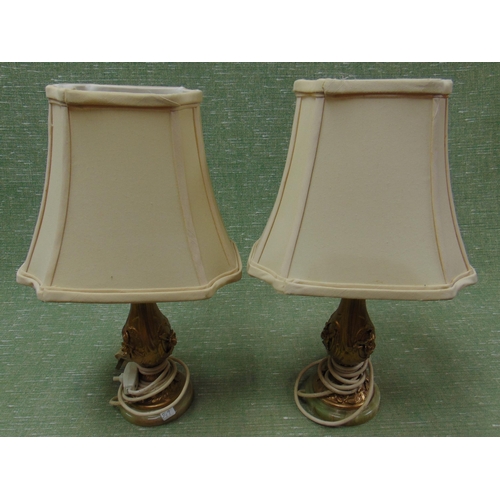 269 - Pair of ornate gilt table lamps with shades, set on onyx bases.