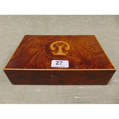 27 - Inlaid walnut trinket box. 2.5 x 9.5 x 6