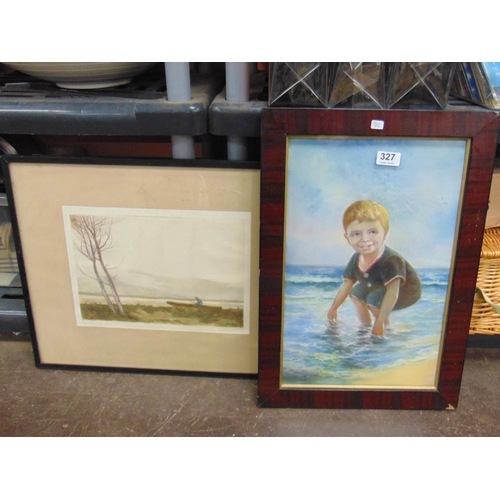 327 - Framed and glazed watercolour, child in the sea and a fishing print. (2)