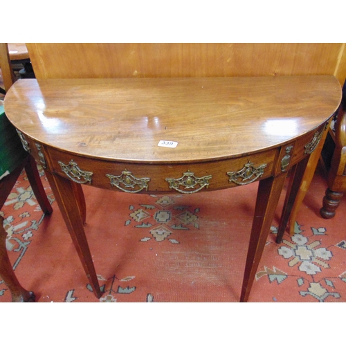 339 - Antique inlaid mahogany demi lune side table, set on tapered supports. 28 x 38 x 17.5