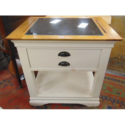 350 - Contemporary kitchen island, faux marble top, with two long drawers and on plain supports, joined by... 