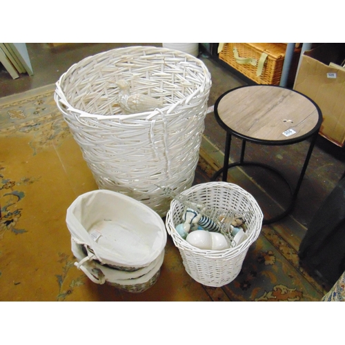 355 - Wicker laundry basket, various other baskets,  and an occasional table.