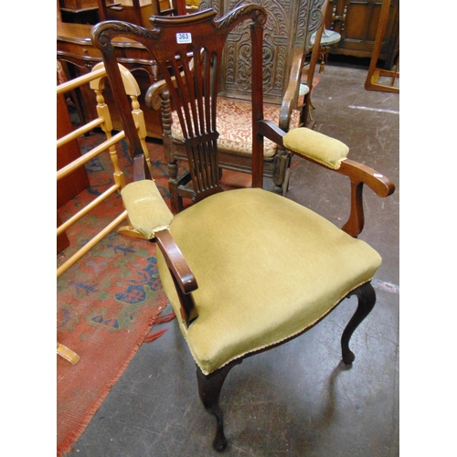 363 - Edwardian beech framed armchair, pierced fan back, upholstered seat and on frontal cabriole supports... 