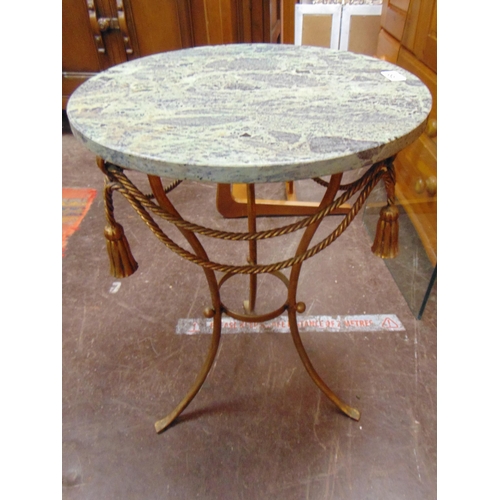 368 - Reproduction faux marble topped occasional table, set on shaped gilt metal base. 18