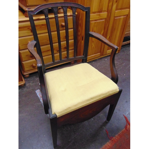 382 - Antique arm chair, rail back, drop in seat and on tapered supports.